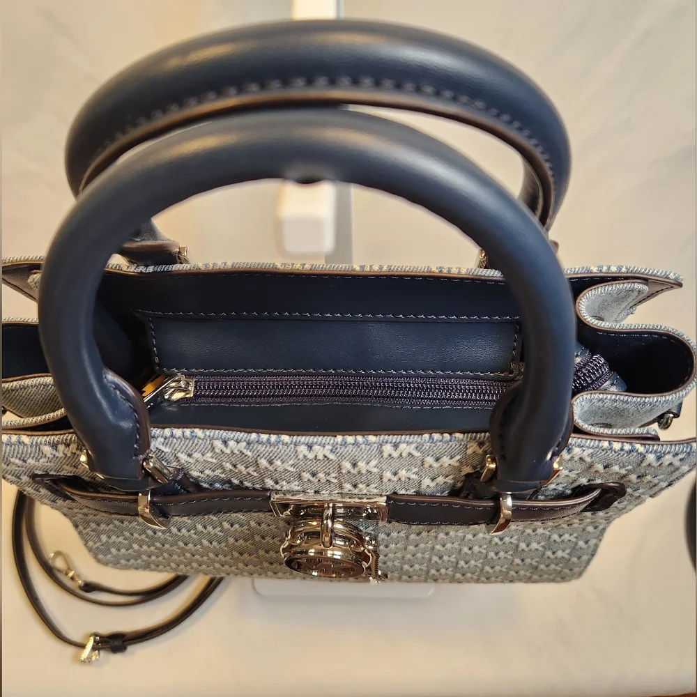 Michael Kors Hamilton Small Logo Embossed Washed Denim Satchel - Picture 4 of 13